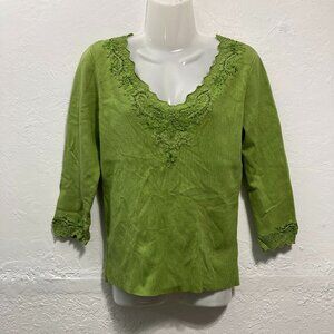 Dana Buchman Silk blend Knit V-Neck Top Green Crochet Applique Fairy Size M